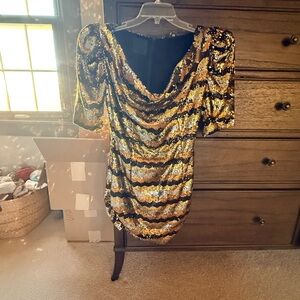 Arrogant Cat sequins mini dress, size P. Black, silver, gold, and bronze sequins